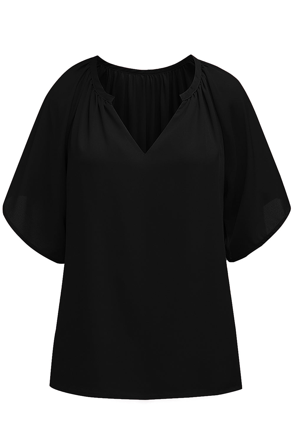 Black Split Neck Pleated Loose Top