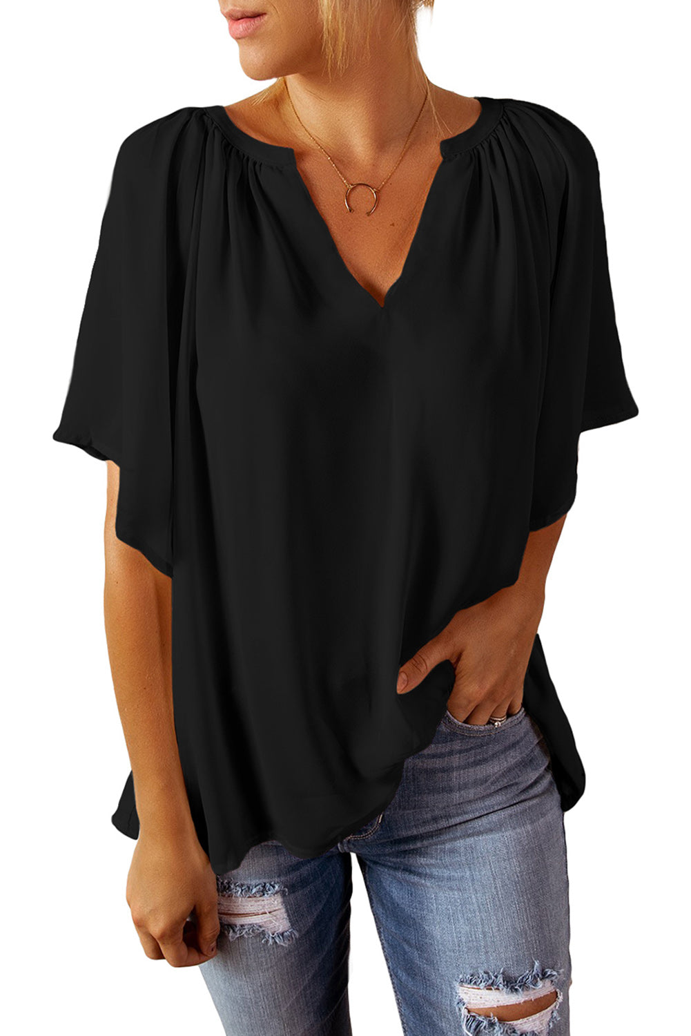 Black Split Neck Pleated Loose Top