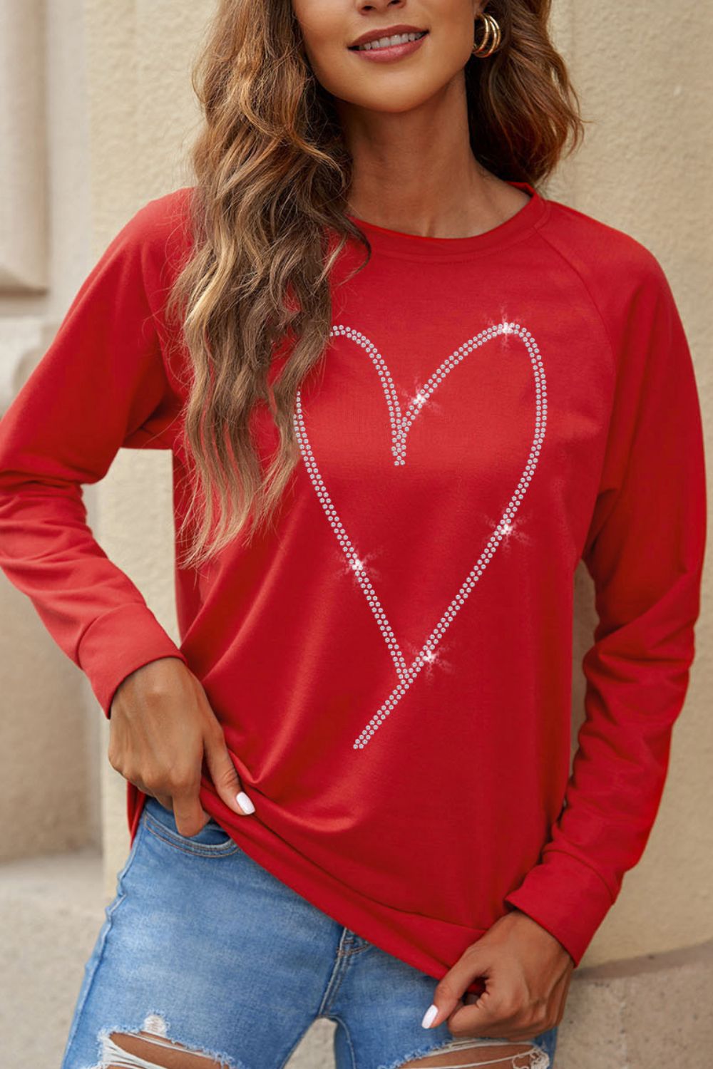 Valentine's Day Rhinestone Heart Long Sleeve Sweatshirt