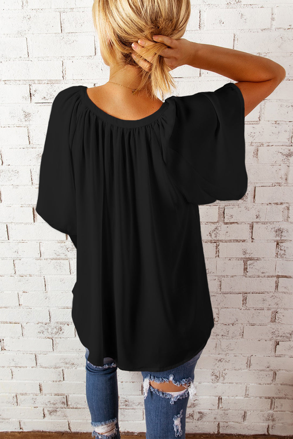 Black Split Neck Pleated Loose Top