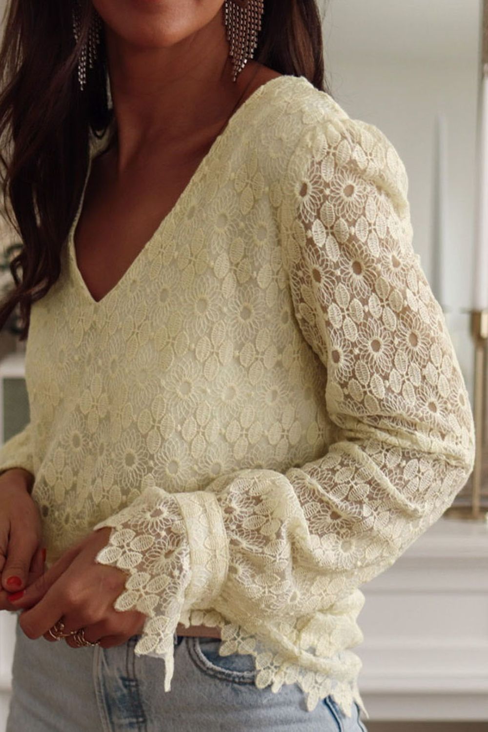 Lace Detail V-Neck Long Sleeve Blouse