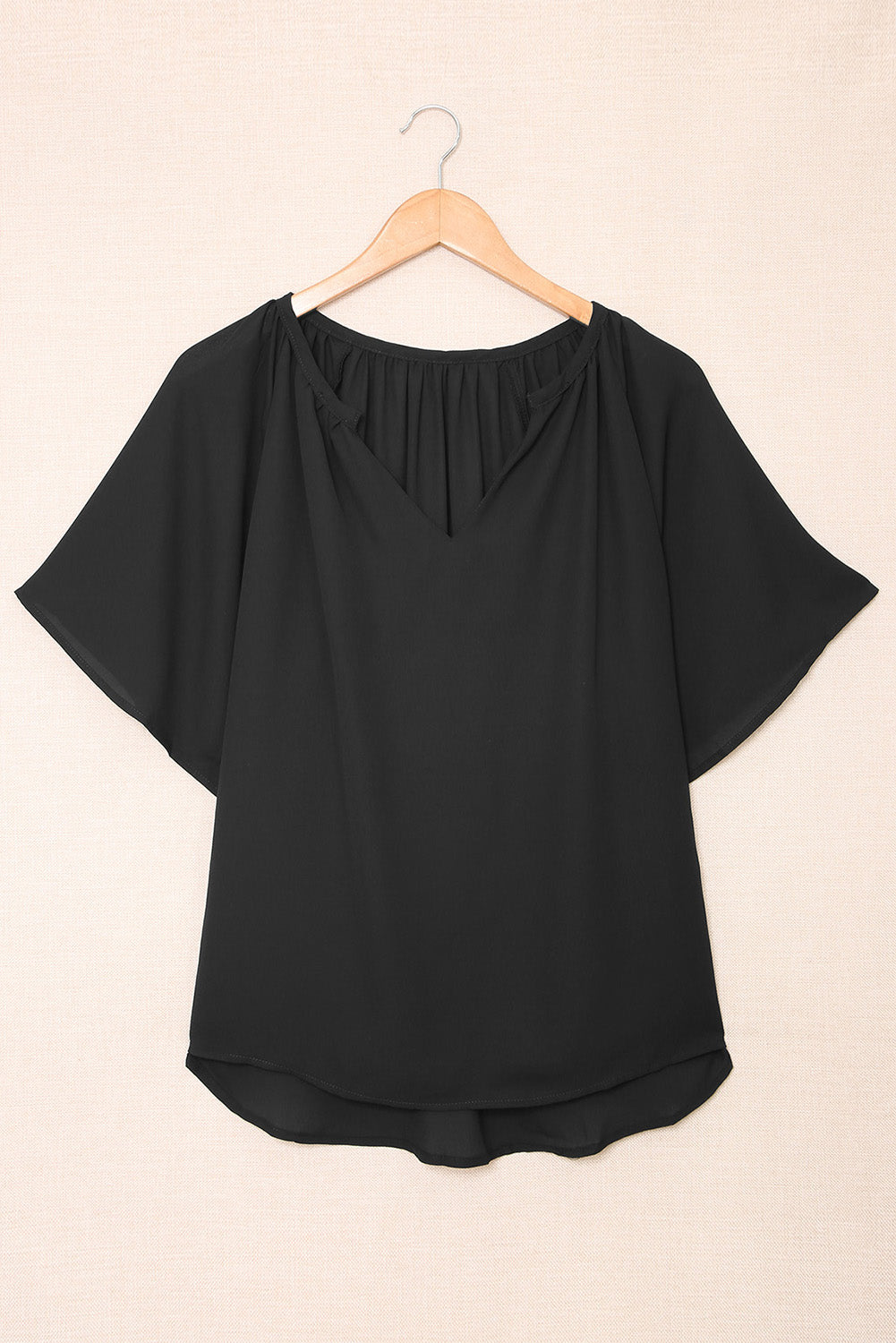 Black Split Neck Pleated Loose Top